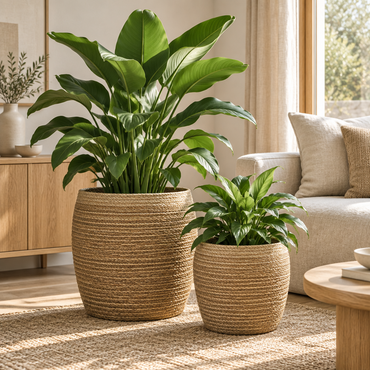 Panier rond pour plantes en fibre d’herbe marine naturelle