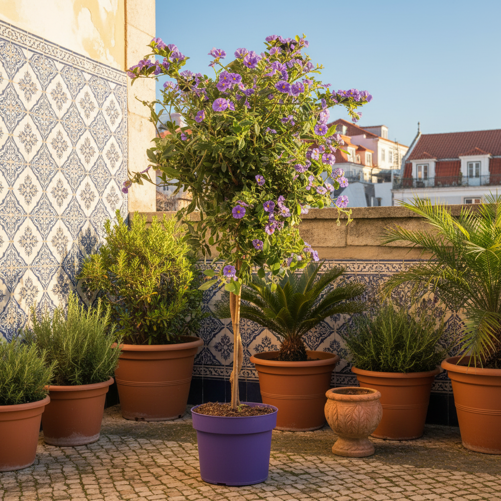 Solanum rantonnetii Jasmim Azul em vaso numa varanda com outras plantas