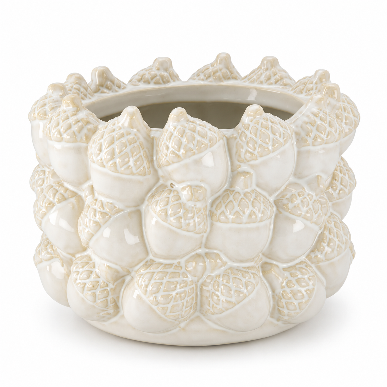 Vaso de Cerâmica Branca com Pinhas