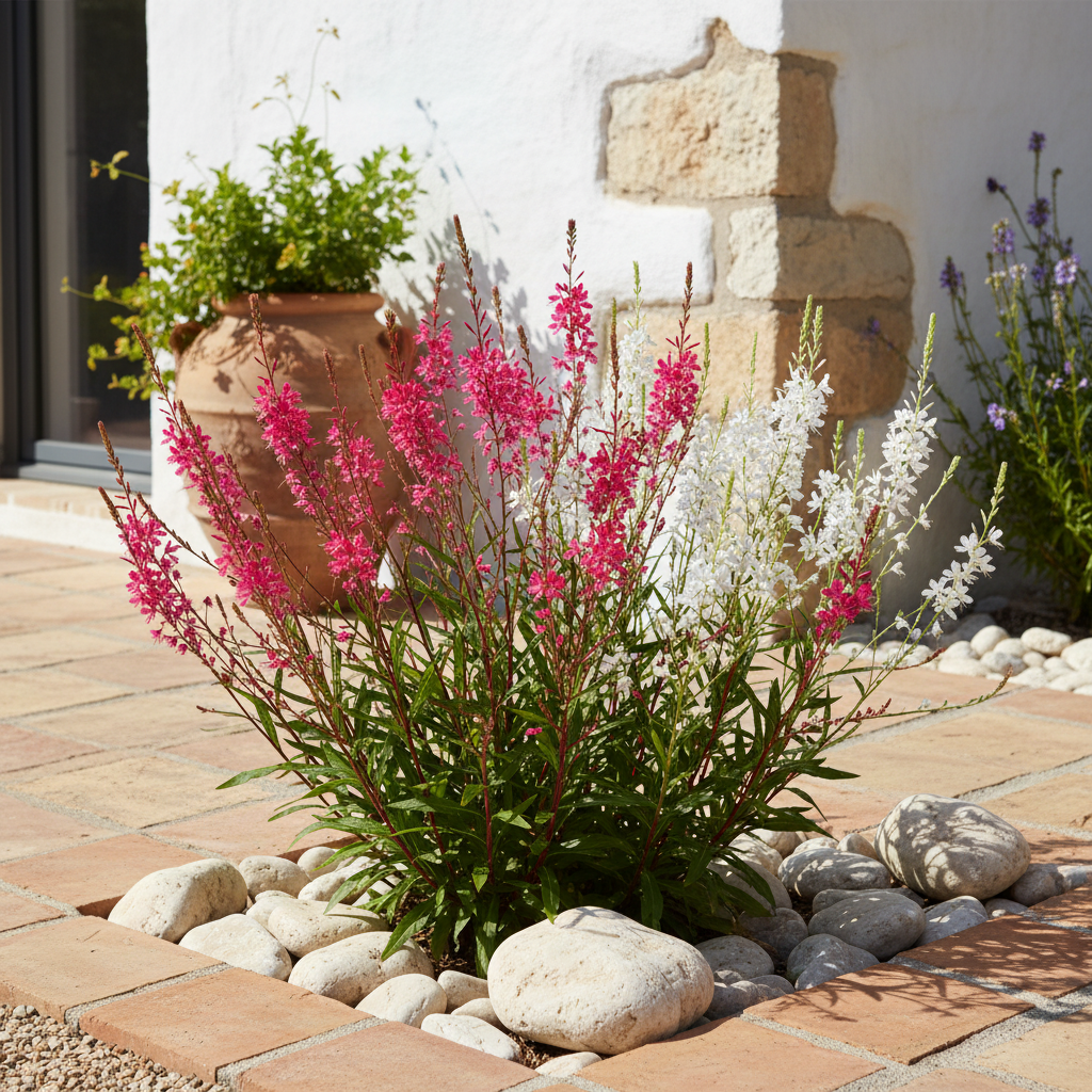 Gaura rosa em canteiro num terraço