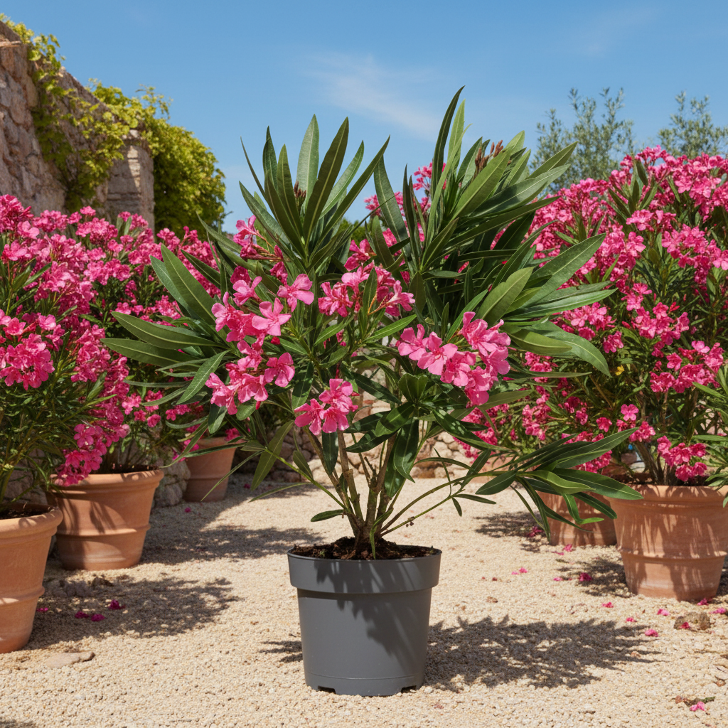 Nerium oleander Loendro em flor num terraço
