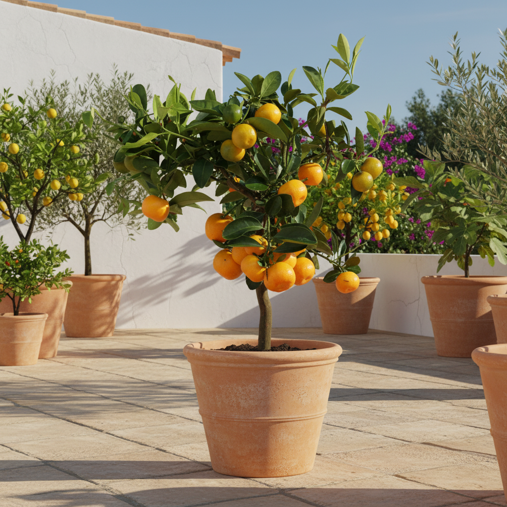 Tangerineira em vaso num terraço mediterrânico